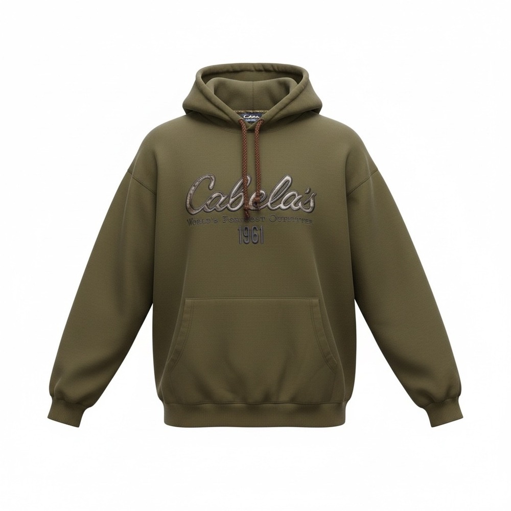Cabela's Graphic Logo Pullover Hoodie Olive Green 3XL Camo Lined Hood 1961